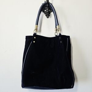 Oriflame Sweden Navy Blue Velvet Purse Leather Trimmed Tote Bag